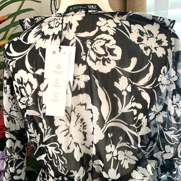 Zara Floral Print Mini Dress with Ruffles in Black / White - Picture 12 of 16